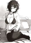  arm_support bangs bare_arms bare_shoulders bikini blush breasts cleavage closed_mouth copyright_request error eyebrows_visible_through_hair glasses greyscale large_breasts lolicept looking_at_viewer messy_hair monochrome on_bed pillow short_hair sitting solo sweat swimsuit thighhighs wrong_feet 