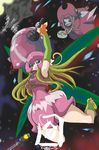  2girls arm_cannon artist_request bandai bare_legs boots cannon digimon digimon_adventure dress explosion fairy fairy_wings female flying hat lillymon long_hair monster_girl multiple_girls open_mouth shiny tachikawa_mimi weapon wings 