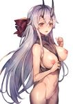  absurdres between_breasts blush bottomless breasts cowboy_shot fate/grand_order fate_(series) hair_between_eyes headband highres horns large_breasts long_hair nipples open_mouth paid_reward patreon_reward pussy red_eyes redcomet silver_hair simple_background smile solo tomoe_gozen_(fate/grand_order) uncensored very_long_hair white_background 