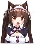  :3 :d animal_ears artist_name bangs bell blunt_bangs bow bowtie brown_eyes brown_hair cat_ears chocola_(sayori) cleavage_cutout cowfee eyebrows_visible_through_hair jingle_bell long_hair looking_at_viewer maid maid_headdress name_tag nekopara open_mouth pink_neckwear puffy_short_sleeves puffy_sleeves short_sleeves simple_background slit_pupils smile solo twintails upper_body watermark white_background 