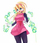  1girl bangs black_legwear blonde_hair blue_eyes bodystocking bodysuit breasts capcom ciel_(rockman) gloves hair_between_eyes headgear heart high_ponytail large_breasts long_hair open_mouth pattern patterned_background ponytail rockman rockman_zero sakuraba_(kirsche_x) smile standing white_gloves 