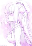  azur_lane blush bow breasts closed_eyes commentary_request cygnet_(azur_lane) eating hair_bow hat highres large_breasts long_hair monochrome sketch solo yukimi_ai_risu 