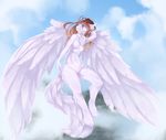  anthro blue_eyes breasts brown_hair canine day feathers featureless_breasts featureless_crotch female flying fruitbloodmilkshake fur hair hooves hybrid mammal navel outside sky solo white_feathers white_fur wide_hips 