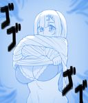  blue blush bra breasts clothes_lift commentary ekz_(drawfag) hair_ornament hairclip highres huge_breasts jojo_no_kimyou_na_bouken long_sleeves looking_at_viewer monochrome parody short_hair solo sweater sweater_lift underwear undressing upper_body 