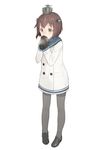  adapted_costume black_legwear breath brown_eyes brown_hair coat full_body gloves headgear kantai_collection keemu_(occhoko-cho) loafers open_mouth pantyhose sailor_collar shoes short_hair solo standing teeth winter_clothes yukikaze_(kantai_collection) 
