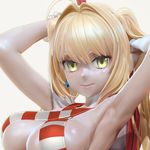  3d aestus_estus ahoge armpits arms_behind_head bikini blonde_hair breasts criss-cross_halter earrings fate/grand_order fate_(series) green_eyes hair_intakes halterneck holding holding_sword holding_weapon jewelry leslyzerosix long_hair looking_at_viewer nero_claudius_(fate)_(all) nero_claudius_(swimsuit_caster)_(fate) smile solo striped striped_bikini swimsuit sword weapon 