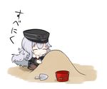  :&gt; ^_^ azur_lane black_hat black_jacket blush brown_legwear bucket check_translation chibi closed_eyes closed_mouth commentary_request graf_zeppelin_(azur_lane) hat jacket long_hair long_sleeves pantyhose peaked_cap sand seiza silver_hair sitting solo takatsuki_moni translation_request trowel very_long_hair white_background 