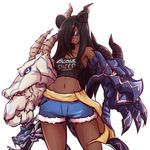  alternate_costume animal_ears bare_shoulders black_hair blue_shorts chimera_(monster_girl_encyclopedia) claws clothes_writing commission contrapposto cowboy_shot dark_skin dragon english extra_eyes fur_trim goat grin hair_over_one_eye highres horns kamina_shades long_hair looking_at_viewer mazume midriff monster_girl_encyclopedia navel paws short_shorts shorts simple_background smile snake snake_tail solo standing sunglasses tail tank_top white_background 