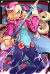  androgynous blonde_hair blue_eyes border capcom coat elpis frame gloves headgear helmet holding holding_weapon long_coat long_hair male_focus rapier rockman rockman_zero rockman_zero_2 sakuraba_(kirsche_x) smile solo sword weapon white_gloves 