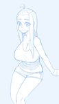 bare_shoulders blue blue_background blush boyshorts breasts cleavage closed_mouth ekz_(drawfag) fingerless_gloves gloves highres huge_breasts invisible_chair legs_together long_hair looking_at_viewer monochrome original shirt short_shorts shorts simple_background sitting sketch sleeveless sleeveless_shirt smile solo thick_eyebrows topknot 