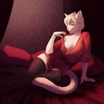  anthro bed bedroom_eyes cat clothing fangs feline female fur green_eyes hair half-closed_eyes hitmore inner_ear_fluff inside leaning legwear mammal on_bed pillow pink_nose seductive sitting solo stockings thigh_highs white_fur white_hair 
