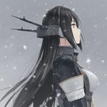  :o black_hair breasts brown_eyes commentary_request elbow_gloves from_side gloves grey_background headgear kantai_collection large_breasts long_hair looking_up nagato_(kantai_collection) parted_lips remodel_(kantai_collection) rokuwata_tomoe signature snowing solo upper_body 