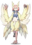  4139 animal_ears blue_eyes blush breasts claws feathered_wings feathers harpy head_feathers head_wings highres midriff monster_girl original pink_hair simple_background small_breasts smile solo standing talons tank_top winged_arms wings yellow_feathers 