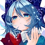  blue_bow blue_eyes blue_hair bow cirno eyebrows_visible_through_hair gotoh510 hair_between_eyes hair_bow highres looking_at_viewer red_neckwear short_hair simple_background solo touhou upper_body white_background wings 