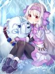  ainu_clothes animal bangs bare_tree bear blush bow brown_legwear closed_mouth eyebrows_visible_through_hair fate/grand_order fate_(series) fingerless_gloves fingernails fur-trimmed_boots fur_trim gloves hair_between_eyes hair_bow hair_tubes hairband head_tilt highres hozumi_rino illyasviel_von_einzbern light_brown_hair long_hair pantyhose pink_bow pink_gloves pink_hairband purple_footwear red_eyes sample shirou_(fate/grand_order) sidelocks sitonai sitting smile tree very_long_hair watermark 