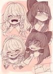  blush bow closed_eyes closed_mouth collar commentary_request crying dated embarrassed eyebrows_visible_through_hair hair_bow hair_ribbon hair_tubes hakurei_reimu highres iiha_toobu kirisame_marisa laughing looking_away medium_hair monochrome multiple_girls multiple_persona open_mouth ribbon tears touhou upper_body 