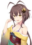  :d antenna_hair bra breasts brown_hair cleavage edoshiyakata_(oshiro_project) eyebrows_visible_through_hair hair_ornament long_hair looking_at_viewer midoriyama_soma off_shoulder open_mouth oshiro_project oshiro_project_re purple_bra sidelocks simple_background small_breasts smile solo underwear upper_body white_background yellow_eyes 