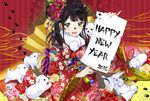  1girl 2018 bangs black_hair blush dog eyebrows_visible_through_hair floral_print fur_collar furisode green_eyes happy_new_year hard_translated highres japanese_clothes kimono long_hair looking_at_viewer macciatto_(aciel02) nengajou new_year obi open_mouth original paint_on_face paw_background paw_print red_kimono sash sidelocks sitting smile socks solo striped tabi translated twintails vertical-striped_background vertical_stripes white_legwear wide_sleeves year_of_the_dog yokozuwari 