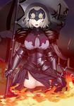  armor armored_dress breasts commentary_request fate/grand_order fate_(series) fire flag headpiece highres jeanne_d'arc_(alter)_(fate) jeanne_d'arc_(fate)_(all) large_breasts looking_at_viewer ninoude_(ninoude44) open_mouth short_hair silver_hair solo sword weapon yellow_eyes 