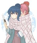  :d ^_^ beanie blue_hair blush closed_eyes closed_mouth eyebrows_visible_through_hair frown hair_between_eyes hair_bun hat head_tilt holding holding_knife hug hug_from_behind kagamihara_nadeshiko knife morikawa_masato multiple_girls open_mouth pink_hair scarf shared_blanket shima_rin sleeves_past_wrists smile sparkle sweatdrop white_background yuri yurucamp 