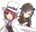  :d bangs blush bow brown_capelet brown_eyes brown_hat cape capelet closed_mouth collared_shirt eyebrows_visible_through_hair grey_hair hair_bow hat highres long_hair long_sleeves looking_at_viewer multiple_girls necktie open_mouth princess_principal princess_principal_game_of_mission purple_bow purple_eyes purple_hair purple_shirt shirt smile sophie_mackenzie sorimachi-doufu star stephanie_(princess_principal) striped striped_bow sweat top_hat white_background white_cape white_coat white_hat white_neckwear 