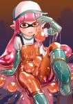  1girl baseball_cap blush boots domino_mask elbow_gloves eyebrows_visible_through_hair fang gloves golden_egg green_footwear green_gloves hat highres inkling latex mask naka open_mouth orange_overalls pointy_ears rubber_boots rubber_gloves salmon_run shirt slime solo splatoon splatoon_(series) splatoon_2 tentacle_hair two-tone_background white_shirt 