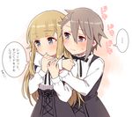  2girls :o ange_(princess_principal) bangs black_dress blonde_hair blue_eyes blunt_bangs blush closed_mouth dress eyebrows_visible_through_hair grey_hair hair_between_eyes hair_flaps hug hug_from_behind long_hair long_sleeves looking_away looking_to_the_side multiple_girls parted_lips princess_(princess_principal) princess_principal school_uniform shirt sorimachi-doufu spoken_ellipsis sweat translation_request upper_body very_long_hair white_background white_shirt yuri 