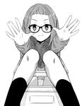  :i crate glasses greyscale itamochi long_hair looking_at_viewer monochrome oogaki_chiaki panties reaching scarf socks solo stuck sweater underwear yurucamp 