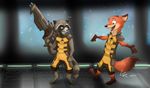  ... 2016 canine cosplay crossover disney embarrassed fangs fox guardians_of_the_galaxy gun half-closed_eyes happy lobowupp male mammal marvel nick_wilde procyonid raccoon ranged_weapon rocket_raccoon signature space spacecraft star sweat teeth vehicle weapon whiskers zootopia 