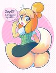  2018 animal_crossing anthro butt canine clothing cute dialogue dog female fur hair isabelle_(animal_crossing) mammal melangetic nintendo open_mouth panties pattern_background rear_view shih_tzu short_hair short_stack simple_background sitting skirt thick_thighs underwear upskirt video_games white_panties 