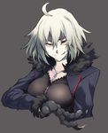  ahoge bangs breasts cleavage coat collarbone dragon_claw dragon_girl eyebrows eyebrows_visible_through_hair eyelashes eyes_visible_through_hair fate/grand_order fate_(series) fur_collar fur_trim grey_background grin hair_between_eyes jeanne_d'arc_(alter)_(fate) jeanne_d'arc_(fate)_(all) jewelry long_sleeves medium_breasts monsterification necklace open_clothes open_coat orange_eyes platinum_blonde_hair purple_coat sharp_teeth short_hair simple_background smile solo takatsuki_nato teeth tsurime upper_body white_hair white_skin wicked_dragon_witch_ver._shinjuku_1999 