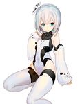  :o bangs bare_shoulders blue_eyes commentary_request copyright_request covered_navel detached_sleeves flat_chest grey_legwear grey_leotard headgear keemu_(occhoko-cho) leotard looking_at_viewer simple_background sitting solo thighhighs white_background 