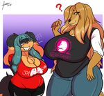  2018 ? anthro big_breasts breasts brown_hair canine clothing digital_media_(artwork) dog dogmom duo female hair huge_breasts j-wink mammal mature_female mother nintendo nintendo_switch overwatch pants parent saluki shirt t-shirt teal_hair thick_thighs video_games 