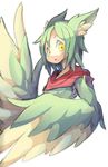  4139 animal_ears feathered_wings feathers green_feathers green_hair green_wings harpy highres monster_girl open_mouth original scarf solo winged_arms wings yellow_eyes yellow_feathers 