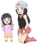  2girls bare_shoulders beanie black_legwear black_shirt blue_eyes blue_hair boots breasts character_request child collarbone covered_navel double_v eyebrows_visible_through_hair female full_body hair_ornament hairclip hands_up hat highres hikari_(pokemon) kneehighs kneeling long_sleeves looking_at_viewer looking_to_the_side multiple_girls nyonn24 open_mouth orange_footwear pink_footwear pink_skirt poke_ball_theme pokemon pokemon_dppt purple_shirt shirt shoes simple_background skirt sleeveless sleeveless_shirt small_breasts smile standing teeth v watch white_background white_hat white_legwear wristwatch yellow_skirt 