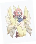  4139 animal_ears blue_eyes blush breasts claws feathered_wings feathers harpy head_feathers head_wings highres midriff monster_girl open_mouth original pink_hair simple_background small_breasts solo talons tank_top winged_arms wings yellow_feathers 