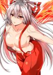  absurdres ar_(lover_boy) bare_arms bare_shoulders bow breasts collarbone fiery_wings fujiwara_no_mokou hair_between_eyes hair_bow highres large_breasts long_hair looking_at_viewer naked_suspenders no_panties no_shirt pants red_eyes red_pants silver_hair simple_background solo suspenders topless touhou very_long_hair white_background white_bow wings 