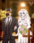  2018 anthro black_hair bouquet braided_hair breasts canine cleavage clothed clothing demon detailed_background digital_media_(artwork) dog dress duo female grey_nose hair male mammal mark_haynes pregnant shotgun_wedding smile suit veil wedding wedding_dress yasha_(rukaisho) yellow_eyes zayne_kingsley 