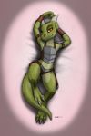  3_toes anthro armor arms_above_head barefoot bedroom_eyes claws color_edit colored digitigrade ecmajor edit female flat_chested half-closed_eyes horn kobold looking_at_viewer lounging lying on_back pose scalie seductive simple_background smile solo toes wide_hips 