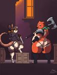  2017 anthro armor axe battle_axe bear big_butt blue_eyes bulge butt clothed clothing double_bitted_axe duo dusty-pixels fur grey_gur hi_res jockstrap legwear looking_at_viewer looking_back male mammal melee_weapon muscular muscular_male orange_fur rat rear_view rodent scarf slightly_chubby smile sword underwear weapon weapon_on_shoulder 