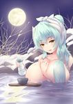  alcohol bathing blush breasts dragon_girl fate/grand_order fate_(series) full_moon green_hair hair_ornament hair_over_one_breast highres kiyohime_(fate/grand_order) large_breasts licking_lips long_hair looking_at_viewer maruchobi moon night nude onsen sake sky smile snow solo tongue tongue_out water wet yellow_eyes 