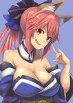  animal_ears bare_shoulders blue_background blue_ribbon bow breasts cleavage collarbone commentary_request detached_sleeves fate/extra fate_(series) fox_ears fox_shadow_puppet hair_bow hair_ribbon highres japanese_clothes kosuke_haruhito large_breasts looking_at_viewer open_clothes pink_hair ribbon simple_background solo tamamo_(fate)_(all) tamamo_no_mae_(fate) yellow_eyes 