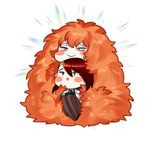  :&gt; absurdly_long_hair big_hair blush_stickers cao_hong_anh chibi cuddling fluffy gloves houseki_no_kuni labcoat long_hair looking_up lowres multicolored_hair multiple_others orange_hair padparadscha_(houseki_no_kuni) pantyhose red_hair rutile_(houseki_no_kuni) sitting sitting_on_lap sitting_on_person very_long_hair 