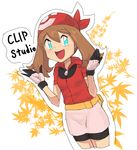  1girl bandanna bike_shorts blue_eyes blush breasts brown_hair clip_studio_paint cropped_legs cutout english eyebrows_visible_through_hair female gloves hands_up happy haruka_(pokemon) hat highres leaf looking_to_the_side nyonn24 open_mouth outline poke_ball_theme pokemon pokemon_rse rd_shirt red_hat shirt short_sleeves simple_background small_breasts smile solo standing text white_background white_gloves zipper_pull_tab 