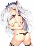  1girl ass azur_lane bangs bikini black_bikini blush breasts brown_hair butt_crack earrings fingernails hair_between_eyes highres jewelry large_breasts looking_at_viewer looking_back ntk_(7t5) prinz_eugen_(azur_lane) silver_hair simple_background solo standing swimsuit tongue tongue_out two_side_up white_background 