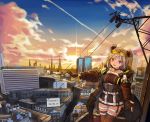  1girl artist_name bangs black_coat black_gloves black_legwear breasts building choker cityscape cloud commentary_request dated double_bun eyewear_on_head girls_frontline gloves hair_ornament highres hood hood_down hooded_coat jacket light_brown_hair looking_at_viewer open_mouth outstretched_arms p90_(girls_frontline) partly_fingerless_gloves power_lines red_eyes sechka short_hair sky smile solo sunglasses sunset thigh_strap thighhighs tinted_eyewear 