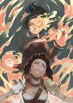  amber_(rwby) black_hair brown_hair cinder_fall closed_eyes commentary_request fire highres magic multiple_girls rwby tobihira 