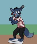  3_toes 4_fingers anthro backwards_baseball_cap barefoot baseball_(sport) baseball_base baseball_bat baseball_cap baseball_uniform black_bottomwear black_clothing black_spots blue_fur blue_sky blue_tail bobbie canine cheek_tuft clothed clothing countershade_face countershade_torso countershading cub dipstick_tail elbow_tufts eyebrows front_view full-length_portrait fully_clothed fur grass grey_countershading grey_fur grey_tail hat head_tuft holding_object male mammal multicolored_fur multicolored_tail pants portrait raised_eyebrow rotten_robbie shirt sky solo sport spots spotted_tail standing striped_topwear t-shirt toes tongue tongue_out tuft two_tone_fur two_tone_tail uniform white_topwear wolf young 