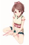  breasts brown_hair crossed_legs eyebrows_visible_through_hair hair_ribbon hands_on_own_legs medium_breasts midoriyama_soma oshiro_project oshiro_project_re ponytail red_eyes red_ribbon ribbon simple_background sitting sleeveless smile solo white_background yamanaka_(oshiro_project) 