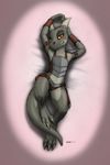  3_toes anthro armor arms_above_head barefoot bedroom_eyes claws color_edit colored digitigrade ecmajor edit female flat_chested half-closed_eyes horn kobold looking_at_viewer lounging lying on_back pose scalie seductive simple_background smile solo toes wide_hips 